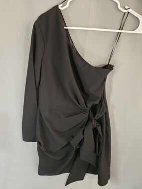 Peace + Love Asymmetric One-Shoulder Black Wrap Tuxedo Tie-Detail Mini Dress